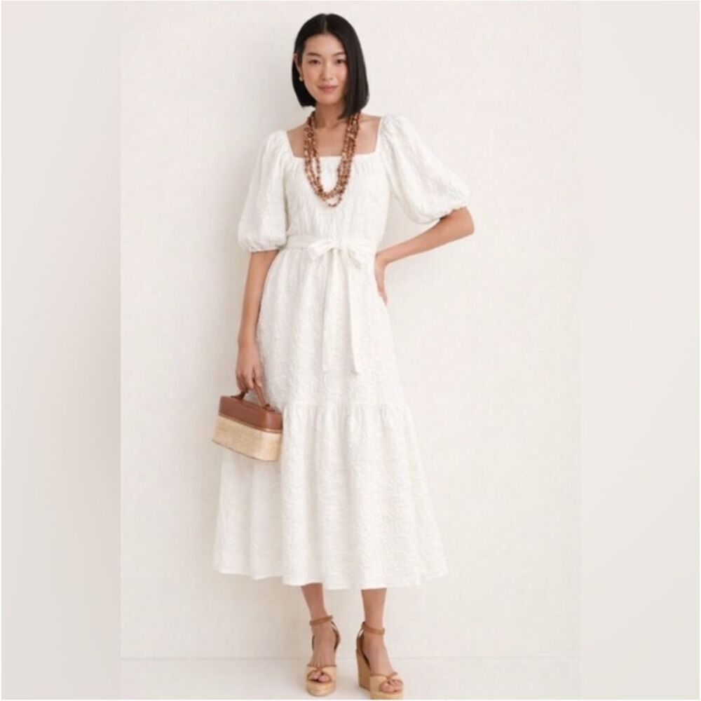 Moon River x Tuckernuk Off-White Textured Puff-Sleeves Midi Dress Sz S Vacation